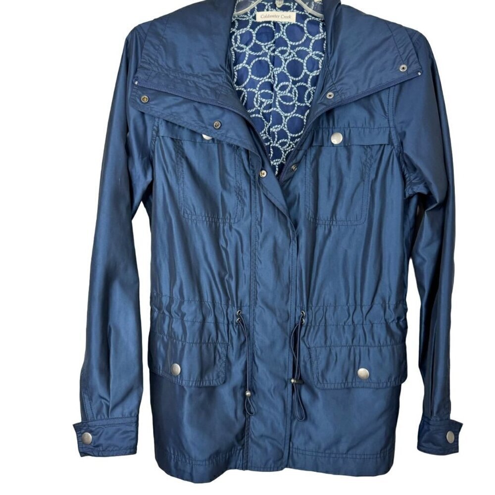 Coldwater Creek Windbreaker Navy Blue Shimmer Zip Snap Pockets Women's XS